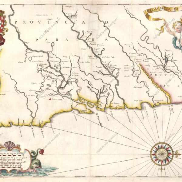 Mapa da Provincia da Paraíba de 1698 - Este impressionante mapa cobre a província da Paraíba e ilustra seus importantes rios e prósperas plantações de cana-de-açúcar. Foi um dos 23 mapas deste raro relato da guerra colonial holandesa-portuguesa. Escrita por João José de Santa Teresa, e conhecida entre os bibliófilos como a Santa Teresa, é considerada uma das mais suntuosas obras do século XVII no Brasil, em parte devido aos incríveis mapas. Santa Teresa, carmelita portuguesa, passou doze anos nas missões jesuítas da América do Sul e depois voltou para a Europa onde se tornou bibliotecário do colégio dos jesuítas em Roma. Sua conta foi fortemente subsidiada por Pedro II de Portugal, e alguns dos principais artistas e gravadores do período, incluindo Antonio Horacio Andreas, foram contratados para trabalhar no projeto. Foi publicado por Giacomo Giovanni Rossi. O mapa em si é lindamente desenhado e oferece uma excelente visão da região com baías, rios e córregos cuidadosamente delineados. Existem numerosos assentamentos e igrejas localizadas, bem como uma rede de estradas antigas. Uma grande rosa dos ventos orienta o mapa com o norte à direita. O mapa é elaboradamente adornado com putti sustentando a cartela do título em forma de fita e o brasão real, e monstros marinhos sustentando a cartela de escalas de distância em forma de concha. "Provincia di Paraiba", Horatius, Andreas Antonius
