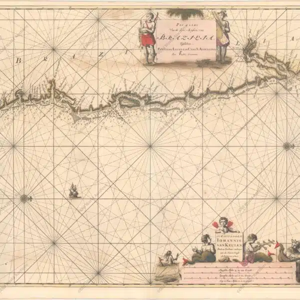 Mapa da costa brasileira do Rio Paraíba ao Cabo de Santo Agostinho de 1683 - Este raro e clássico mapa marítimo cobre a costa brasileira do Rio Paraíba ao Cabo S. Augustino. É preenchido com linhas de loxodromia e decorado com um veleiro. Ao largo da costa, a água está cheia de sondagens. Os nativos flanqueiam o cartucho do título e os tritões cercam as escalas de distância. O norte está orientado para a direita. "Pas-Kaart, van de Zee-Kusten, van, Brazilia, Tusschen, Punto de Lucena en Cabo S. Augustino", Keulen, Johannes van