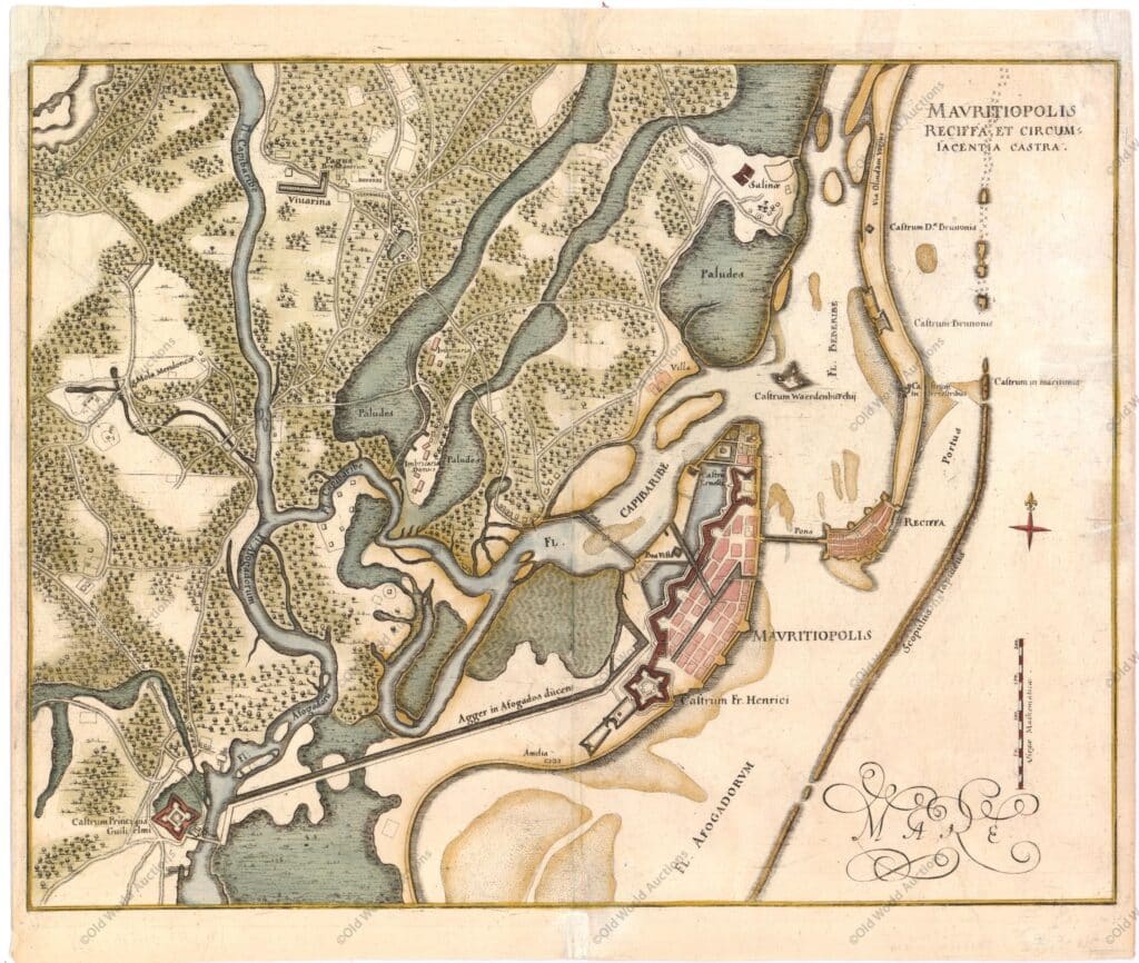 Mapa de Recife em Pernambuco de 1679 - Brasil Mapa de Recife em Pernambuco de 1679 - Brasil - Rara planta aérea da cidade do Recife e arredores com destaque para as fortificações holandesas. Embora inicialmente fundada pelos portugueses, os holandeses decidiram invadir várias cidades de Pernambuco devido à indústria local de cana-de-açúcar. De 1630 a 1654 os holandeses controlaram a cidade do Recife, que se tornou a nova capital do Brasil holandês, a cidade de Mauritsstad. Mauritsstad (aqui chamada de Mauritiópolis) tornou-se uma das cidades mais cosmopolitas do mundo sob o domínio holandês e é conhecida por abrigar a primeira comunidade judaica e sinagoga, jardim botânico e zoológico das Américas. "Mauritiopolis Reciffa, et Circumiacentia Castra", Merian, Matthaus