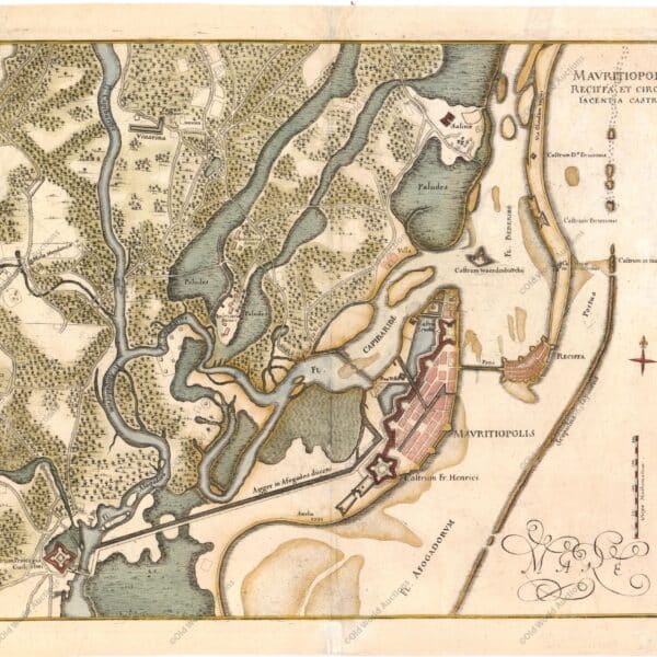 Mapa de Recife em Pernambuco de 1679 - Brasil - Rara planta aérea da cidade do Recife e arredores com destaque para as fortificações holandesas. Embora inicialmente fundada pelos portugueses, os holandeses decidiram invadir várias cidades de Pernambuco devido à indústria local de cana-de-açúcar. De 1630 a 1654 os holandeses controlaram a cidade do Recife, que se tornou a nova capital do Brasil holandês, a cidade de Mauritsstad. Mauritsstad (aqui chamada de Mauritiópolis) tornou-se uma das cidades mais cosmopolitas do mundo sob o domínio holandês e é conhecida por abrigar a primeira comunidade judaica e sinagoga, jardim botânico e zoológico das Américas. "Mauritiopolis Reciffa, et Circumiacentia Castra", Merian, Matthaus