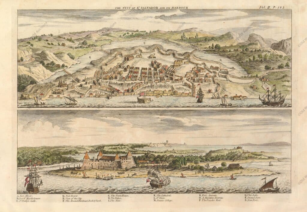 Mapa de Salvador da Bahia de 1748 Mapa de Salvador da Bahia de 1748 - Esta folha contém duas vistas de São Salvador, a capital do Brasil colonial. No topo está uma vista panorâmica mostrando as fortificações da cidade e na parte inferior está uma perspectiva do Forte St. Bartholomew e seu porto protetor. Na parte inferior é uma chave para os sites importantes. "The City of St. Salvador and its Harbor", Harris, John