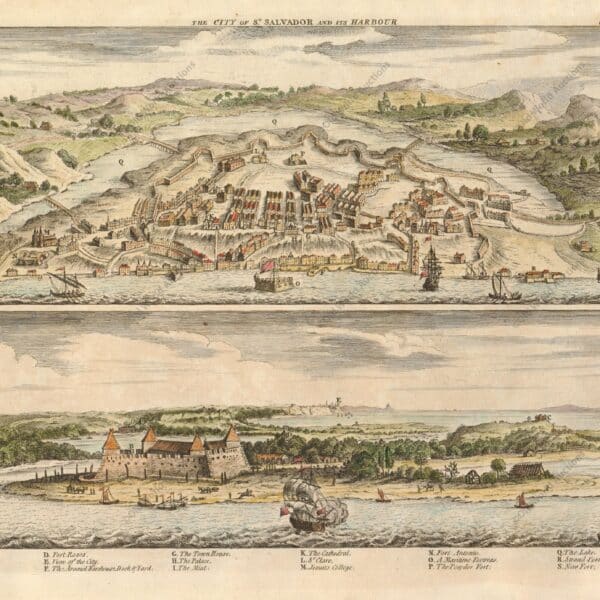 Mapa de Salvador, Brasil - 1748 - Esta folha contém duas vistas de São Salvador, a capital do Brasil colonial. No topo está uma vista panorâmica mostrando as fortificações da cidade e na parte inferior está uma perspectiva do Forte St. Bartholomew e seu porto protetor. Na parte inferior é uma chave para os sites importantes. "The City of St. Salvador and its Harbor", Harris, John