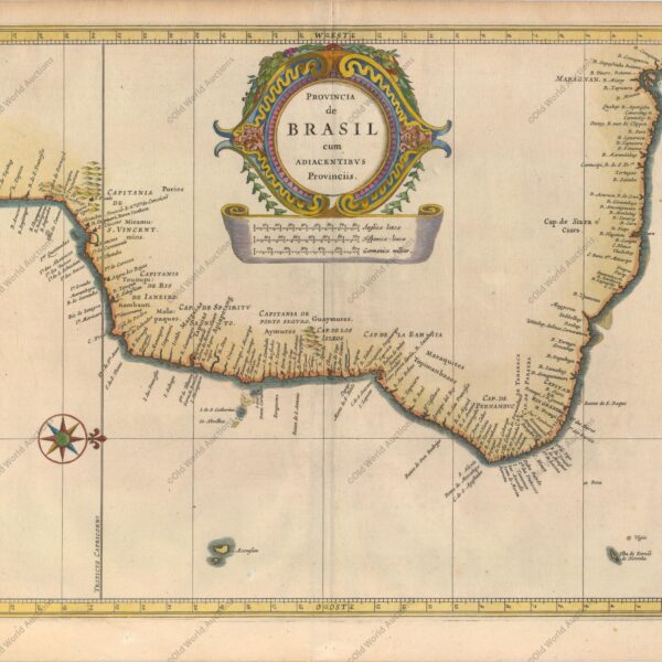 Mapa do Brasil de 1630 - Este belo mapa foi um esforço colaborativo entre Hessel Gerritsz, cartógrafo oficial da Companhia Holandesa das Índias Orientais, e Johannes de Laet, diretor da recém-formada Companhia Holandesa das Índias Ocidentais. Seus mapas da América do Sul lançaram as bases para muitos outros cartógrafos. O detalhe limita-se às costas e inclui as Capitanias. O interior é preenchido com uma grande cartela de título e escalas de distância, e o mapa é ainda mais embelezado com uma rosa dos ventos, orientando o norte à direita do gráfico. "Provincia de Brasil cum Adiacentibus Provinciis", Gerritsz/De Laet