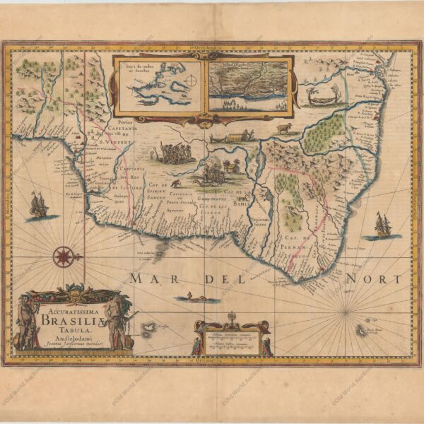 Mapa do Brasil de 1652 - Magnífica representação do Brasil com o norte orientado para a direita por uma bela rosa dos ventos. O mapa é inserido com duas regiões de interesse holandês na área; Baja de Todos los Sanctos e Pernambuco. O interior é desprovido de informações geográficas, exceto por rios e florestas em grande parte imaginários. Em vez disso, a região está repleta de cenas dramáticas dos povos indígenas, incluindo guerra e canibalismo, e alguns curiosos animais selvagens. As capitanias hereditárias estabelecidas pelos portugueses assinalam-se ao longo da costa. A cartela decorativa do título é ladeada por uma família nativa e os mares são adornados com veleiros, um monstro marinho e uma rosa dos ventos. Texto francês no verso, publicado entre 1652-58. "Accuratissima Brasiliae Tabula", Hondius/Jansson