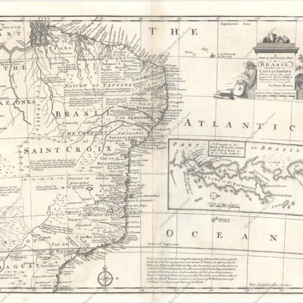Mapa do Brasil de 1747 - Mapa gravado em cobre com bons detalhes ao longo das áreas costeiras com dezenas de nomes de lugares. O mapa cobre a região entre o norte do Paraguai e o norte até a foz do Amazonas. Uma grande inserção da Ilha de St. Katharine preenche o oceano vazio. Em uma longa nota no final, Bowen afirma que intencionalmente "omitiu a imaginária Ilha da Ascensão, sob a autoridade do Dr. Halley". O mapa inclui várias outras notas, incluindo uma área que diz "abundar em ouro e prata". "A New & Accurate Map of Brasil. Divided into its Captainships Drawn from the Most Approved Modern Maps & Charts…", Bowen, Emanuel