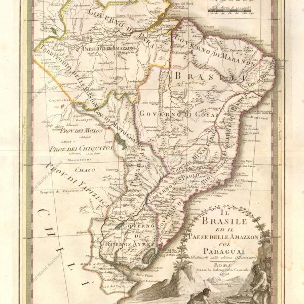Mapa do Brasil de 1798 - Este é um mapa italiano incomum do Brasil, Paraguai e Uruguai. Estende-se para incluir os arredores de Buenos Aires. Ele fornece uma boa quantidade de detalhes, incluindo extensos sistemas fluviais. A grande cartela de títulos em estilo paisagístico apresenta nativos americanos cuidando de uma fogueira. "Il Brasile ed il Paese delle Amazzoni col Paraguai Delineati sulle Ultime Osservazioni", Cassini, Giovanni Maria