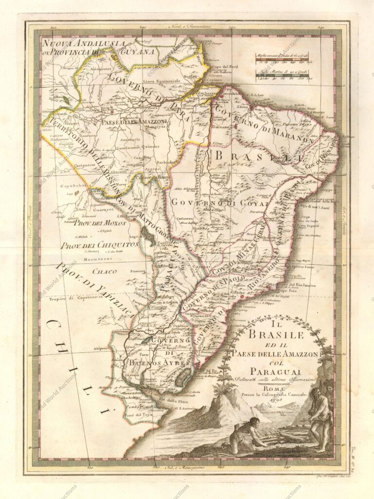 Mapa do Brasil de 1798 Mapa do Brasil de 1798 - Este é um mapa italiano incomum do Brasil, Paraguai e Uruguai. Estende-se para incluir os arredores de Buenos Aires. Ele fornece uma boa quantidade de detalhes, incluindo extensos sistemas fluviais. A grande cartela de títulos em estilo paisagístico apresenta nativos americanos cuidando de uma fogueira. "Il Brasile ed il Paese delle Amazzoni col Paraguai Delineati sulle Ultime Osservazioni", Cassini, Giovanni Maria