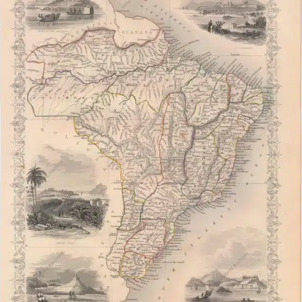Mapa do Brasil de 1850 - Os mapas do The Illustrated Atlas foram publicados pela primeira vez em forma de série para um público-alvo que levava uma vida isolada devido aos custos e dificuldades das viagens. Tudo isso mudou à medida que o progresso do século XIX trouxe mudanças rápidas e dramáticas na consciência pública de lugares distantes. Sem dúvida, os mapas de Tallis desempenharam um papel importante nesse despertar dramático. Esses mapas não apenas forneceram conhecimento geográfico atualizado, mas também usaram visualizações de vinhetas no design do mapa para mostrar os povos nativos e suas ocupações, cidades e pontos de interesse. Os mapas remontam a uma tradição cartográfica dos cartógrafos holandeses do século XVII com bordas decorativas finamente gravadas. Os mapas foram desenhados e gravados por John Rapkin com vistas desenhadas e gravadas por vários artistas proeminentes. Os mapas foram publicados como um volume completo de 1851 até cerca de 1865. Alguns dos mapas também foram publicados em outros livros de história publicados por Tallis, incluindo colônias britânicas e, sem as vinhetas, em dicionários geográficos e enciclopédias até cerca de 1880. Um belo e decorativo mapa gravado em aço mostrando a região em grande detalhe. Apresenta cinco vinhetas, desenhadas por H. Winkles e gravadas por W. Lacey: "Barcos no Rio Negro", "Santa Catharina", "Monte Vídeo", "Cabo Santo Antônio, Bahia" e "Rio de Janeiro ." Cercado por uma borda decorativa delicadamente gravada. O mapa foi desenhado e gravado por J. Rapkin. "Brazil", Tallis, John