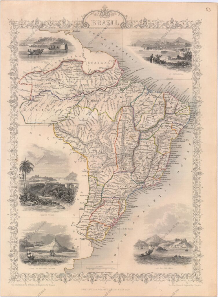 Mapa do Brasil de 1850 Mapa do Brasil de 1850 - Os mapas do The Illustrated Atlas foram publicados pela primeira vez em forma de série para um público-alvo que levava uma vida isolada devido aos custos e dificuldades das viagens. Tudo isso mudou à medida que o progresso do século XIX trouxe mudanças rápidas e dramáticas na consciência pública de lugares distantes. Sem dúvida, os mapas de Tallis desempenharam um papel importante nesse despertar dramático. Esses mapas não apenas forneceram conhecimento geográfico atualizado, mas também usaram visualizações de vinhetas no design do mapa para mostrar os povos nativos e suas ocupações, cidades e pontos de interesse. Os mapas remontam a uma tradição cartográfica dos cartógrafos holandeses do século XVII com bordas decorativas finamente gravadas. Os mapas foram desenhados e gravados por John Rapkin com vistas desenhadas e gravadas por vários artistas proeminentes. Os mapas foram publicados como um volume completo de 1851 até cerca de 1865. Alguns dos mapas também foram publicados em outros livros de história publicados por Tallis, incluindo colônias britânicas e, sem as vinhetas, em dicionários geográficos e enciclopédias até cerca de 1880. Um belo e decorativo mapa gravado em aço mostrando a região em grande detalhe. Apresenta cinco vinhetas, desenhadas por H. Winkles e gravadas por W. Lacey: "Barcos no Rio Negro", "Santa Catharina", "Monte Vídeo", "Cabo Santo Antônio, Bahia" e "Rio de Janeiro ." Cercado por uma borda decorativa delicadamente gravada. O mapa foi desenhado e gravado por J. Rapkin. "Brazil", Tallis, John