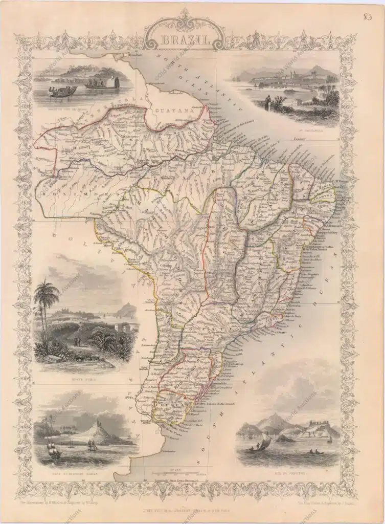 Mapa do Brasil de 1851 Mapa do Brasil de 1850 - Os mapas do The Illustrated Atlas foram publicados pela primeira vez em forma de série para um público-alvo que levava uma vida isolada devido aos custos e dificuldades das viagens. Tudo isso mudou à medida que o progresso do século XIX trouxe mudanças rápidas e dramáticas na consciência pública de lugares distantes. Sem dúvida, os mapas de Tallis desempenharam um papel importante nesse despertar dramático. Esses mapas não apenas forneceram conhecimento geográfico atualizado, mas também usaram visualizações de vinhetas no design do mapa para mostrar os povos nativos e suas ocupações, cidades e pontos de interesse. Os mapas remontam a uma tradição cartográfica dos cartógrafos holandeses do século XVII com bordas decorativas finamente gravadas. Os mapas foram desenhados e gravados por John Rapkin com vistas desenhadas e gravadas por vários artistas proeminentes. Os mapas foram publicados como um volume completo de 1851 até cerca de 1865. Alguns dos mapas também foram publicados em outros livros de história publicados por Tallis, incluindo colônias britânicas e, sem as vinhetas, em dicionários geográficos e enciclopédias até cerca de 1880. Um belo e decorativo mapa gravado em aço mostrando a região em grande detalhe. Apresenta cinco vinhetas, desenhadas por H. Winkles e gravadas por W. Lacey: "Barcos no Rio Negro", "Santa Catharina", "Monte Vídeo", "Cabo Santo Antônio, Bahia" e "Rio de Janeiro ." Cercado por uma borda decorativa delicadamente gravada. O mapa foi desenhado e gravado por J. Rapkin. "Brazil", Tallis, John