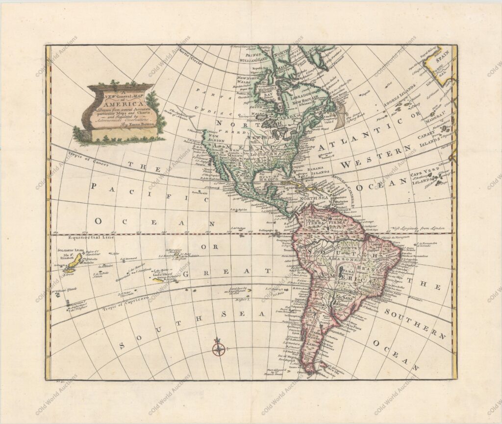 Mapa do Hemisfério Ocidental de 1757 Mapa do Hemisfério Ocidental de 1757 - Este belo mapa das Américas inclui as Ilhas Salomão. Na América do Norte, o Noroeste do Pacífico é deixado aberto, completamente em branco e rotulado como Partes não descobertas. O litoral termina nas proximidades do Alasca com a notação O Suposto Estreito de Annian. As colônias britânicas são mostradas a leste das montanhas Apalaches, com a Louisiana francesa entre elas e a posse espanhola do Novo México. Os únicos assentamentos nomeados no Ocidente são Cenis no Texas, Santa Fé e Alamillo no Novo México e Casa Grande no Arizona. Um grande Lago Superior contém várias ilhas. Na América do Sul, o rio Amazonas quase se conecta ao Pacífico, e o mítico lago Xarayes L. aparece no Brasil central. Uma cartela decorativa cobre o Pacífico Norte e várias ilhas são mostradas no Pacífico Sul. "A New General Map of America. Drawn from Several Accurate Particular Maps and Charts, and Regulated by Astronomical Observations", Bowen, Emanuel