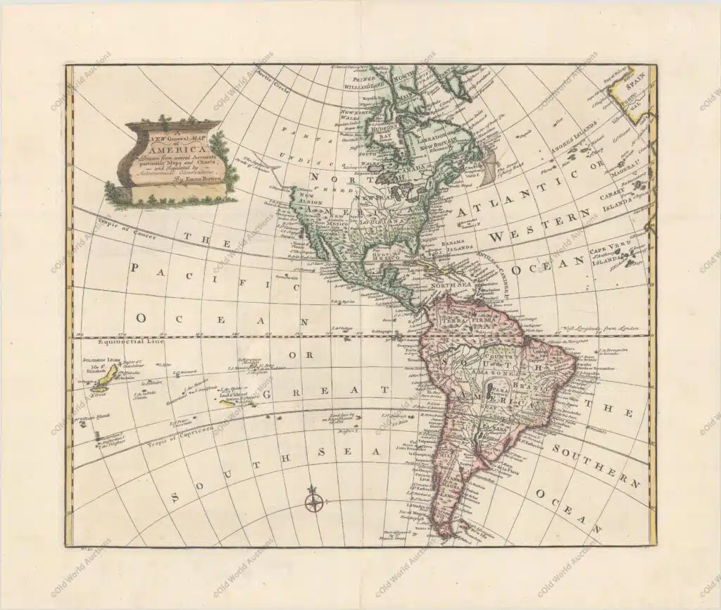 Mapa do Hemisfério Ocidental de 1757 Mapa do Hemisfério Ocidental de 1757 - Este belo mapa das Américas inclui as Ilhas Salomão. Na América do Norte, o Noroeste do Pacífico é deixado aberto, completamente em branco e rotulado como Partes não descobertas. O litoral termina nas proximidades do Alasca com a notação O Suposto Estreito de Annian. As colônias britânicas são mostradas a leste das montanhas Apalaches, com a Louisiana francesa entre elas e a posse espanhola do Novo México. Os únicos assentamentos nomeados no Ocidente são Cenis no Texas, Santa Fé e Alamillo no Novo México e Casa Grande no Arizona. Um grande Lago Superior contém várias ilhas. Na América do Sul, o rio Amazonas quase se conecta ao Pacífico, e o mítico lago Xarayes L. aparece no Brasil central. Uma cartela decorativa cobre o Pacífico Norte e várias ilhas são mostradas no Pacífico Sul. "A New General Map of America. Drawn from Several Accurate Particular Maps and Charts, and Regulated by Astronomical Observations", Bowen, Emanuel