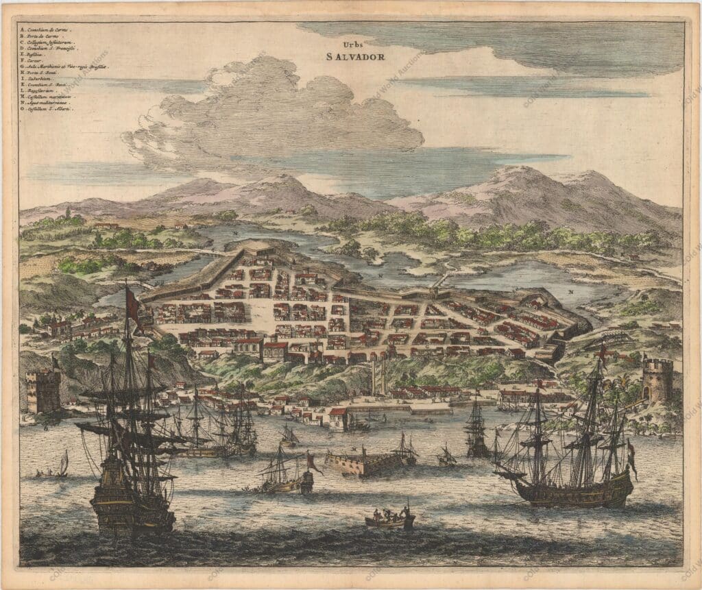 Gravura da Salvador da Bahia em 1671 Gravura da Salvador da Bahia em 1671 - A obra de Montanus foi talvez o maior livro ilustrado sobre o Novo Mundo produzido no século XVII. Continha mais de cem placas, vistas e mapas lindamente gravados da América do Norte e do Sul. As placas retratam vividamente fortes, festivais, ocupações, frotas holandesas, batalhas, ritos religiosos e costumes dos habitantes nativos. Esta importante obra foi traduzida para o alemão por Olivier Dapper e para o inglês por John Ogilby. Várias das placas foram posteriormente adquiridas por Pierre Vander Aa. Bela gravura em cobre da cidade murada de Salvador com navios e barcos enchendo o porto em primeiro plano. Uma chave com letras no canto superior esquerdo identifica vários locais. "Urbs Salvador", Montanus, Arnoldus