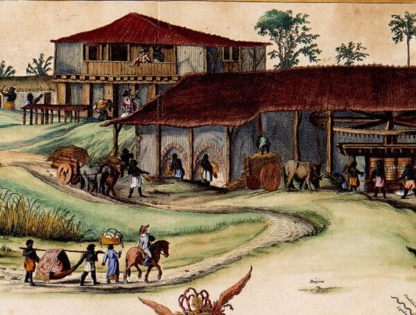 Engenho de açúcar com roda d’água contida num trecho do mapa de Pernambuco pintado por Willem J. Blaeu, em 1635