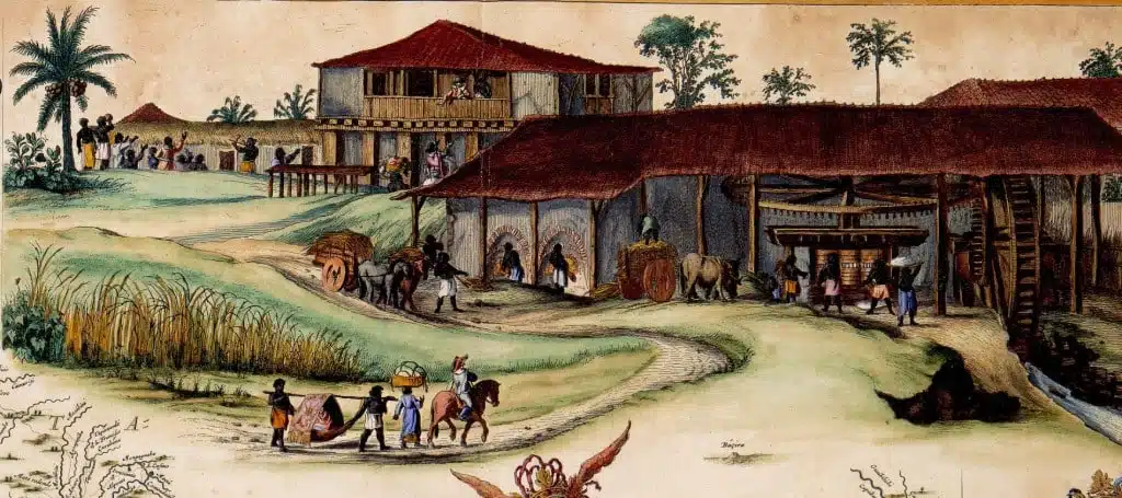 Engenho de açúcar Engenho de açúcar com roda d’água contida num trecho do mapa de Pernambuco pintado por Willem J. Blaeu, em 1635
