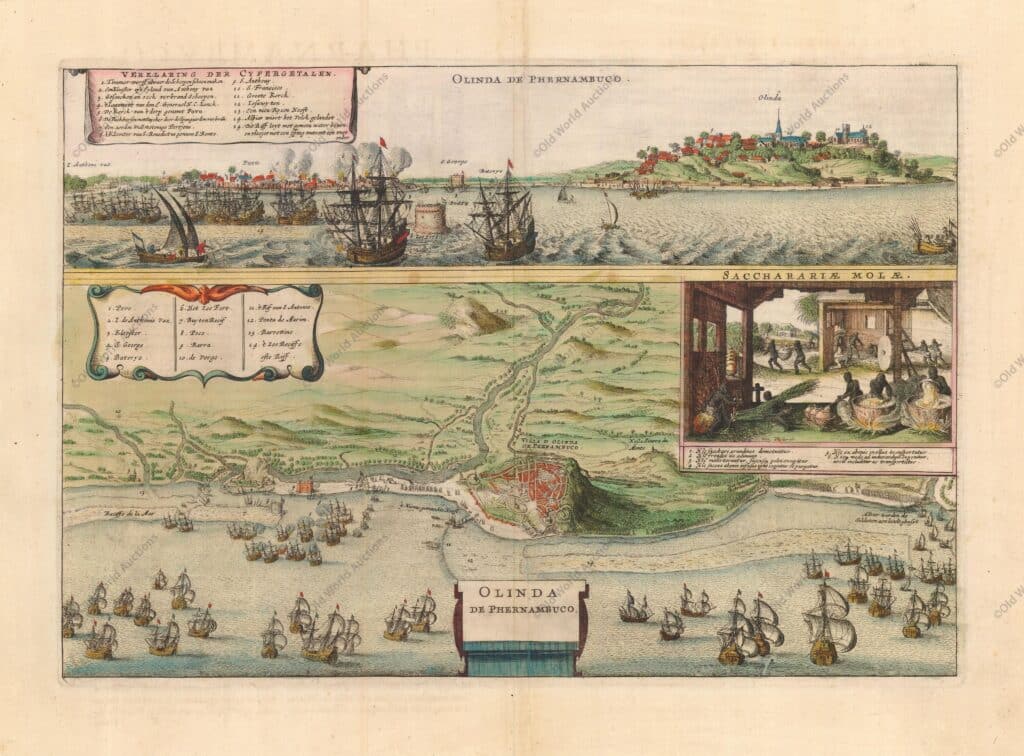 Mapa de Olinda em Pernambuco de 1640 Esta mapa contém duas vistas das colônias açucareiras portuguesas no Brasil durante a invasão holandesa em 1630. A vista superior mostra a frota holandesa atacando o porto e o forte. Abaixo está uma planta da cidade de Olinda e seus arredores com uma visão interna das operações de uma usina de açúcar. Ambas as visualizações contêm cartuchos decorativos exibindo a chave para locais importantes. "Olinda de Phernambuco", Jansson, Jan