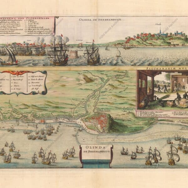 Esta mapa contém duas vistas das colônias açucareiras portuguesas no Brasil durante a invasão holandesa em 1630. A vista superior mostra a frota holandesa atacando o porto e o forte. Abaixo está uma planta da cidade de Olinda e seus arredores com uma visão interna das operações de uma usina de açúcar. Ambas as visualizações contêm cartuchos decorativos exibindo a chave para locais importantes. "Olinda de Phernambuco", Jansson, Jan