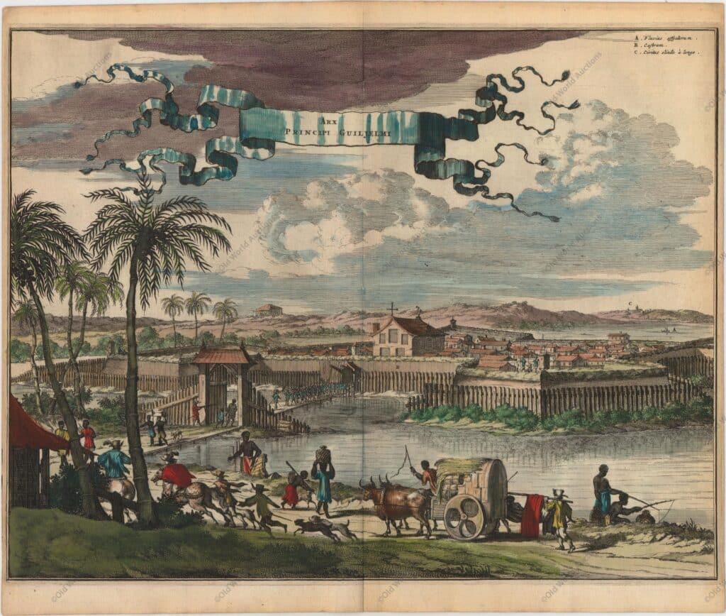 Fort William em 1671 A obra de Montanus foi talvez o maior livro ilustrado sobre o Novo Mundo produzido no século XVII. Continha mais de cem placas, vistas e mapas lindamente gravados da América do Norte e do Sul. As placas retratam vividamente fortes, festivais, ocupações, frotas holandesas, batalhas, ritos religiosos e costumes dos habitantes nativos. Esta importante obra foi traduzida para o alemão por Olivier Dapper e para o inglês por John Ogilby. Várias das placas foram posteriormente adquiridas por Pierre Vander Aa. Vista impressionante do Fort William holandês com sua igreja central e fortes paliçadas. Olinda está localizada em um morro ao fundo. Cártula estilo fita no céu. "Arx Principi Guiljelmi", Montanus, Arnoldus