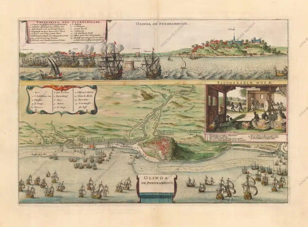 Essa gravura de Olinda de 1640 Essa gravura de Olinda de 1640 contém duas vistas das colônias açucareiras portuguesas no Brasil durante a invasão holandesa em 1630. A vista superior mostra a frota holandesa atacando o porto e o forte. Abaixo está uma planta da cidade de Olinda e seus arredores com uma visão interna das operações de uma usina de açúcar. Ambas as visualizações contêm cartuchos decorativos exibindo a chave para locais importantes. "Olinda de Phernambuco", Jansson, Jan