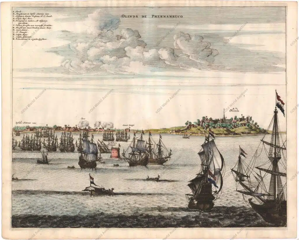 Gravura de Olinda de 1671 A obra de Montanus foi talvez o maior livro ilustrado sobre o Novo Mundo produzido no século XVII. Continha mais de cem placas, vistas e mapas lindamente gravados da América do Norte e do Sul. As placas retratam vividamente fortes, festivais, ocupações, frotas holandesas, batalhas, ritos religiosos e costumes dos habitantes nativos. Esta importante obra foi traduzida para o alemão por Olivier Dapper e para o inglês por John Ogilby. Várias das placas foram posteriormente adquiridas por Pierre Vander Aa. Esta esplêndida vista ilustra o ataque holandês à cidade portuguesa de Olinda em 1630. Durante a maior parte do século XVII, Portugal e Holanda fizeram um acordo comercial em que as colônias portuguesas no Novo Mundo produziam açúcar e os holandeses o distribuíam pela Europa usando seus vasta rede comercial. Após a fusão dos reinos de Portugal e Espanha, os holandeses perderam o monopólio da distribuição e criaram a Companhia das Índias Ocidentais em 1621. Pouco depois os holandeses iniciaram seu ataque a Pernambuco, primeiro em Salvador e depois em Olinda. "Olinda de Phernambuco", Montanus, Arnoldus