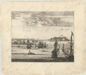 A obra de Montanus foi talvez o maior livro ilustrado sobre o Novo Mundo produzido no século XVII. Continha mais de cem placas, vistas e mapas lindamente gravados da América do Norte e do Sul. As placas retratam vividamente fortes, festivais, ocupações, frotas holandesas, batalhas, ritos religiosos e costumes dos habitantes nativos. Esta importante obra foi traduzida para o alemão por Olivier Dapper e para o inglês por John Ogilby. Várias das placas foram posteriormente adquiridas por Pierre Vander Aa. Esta esplêndida vista ilustra o ataque holandês à cidade portuguesa de Olinda em 1630. Durante a maior parte do século XVII, Portugal e Holanda fizeram um acordo comercial em que as colônias portuguesas no Novo Mundo produziam açúcar e os holandeses o distribuíam pela Europa usando seus vasta rede comercial. Após a fusão dos reinos de Portugal e Espanha, os holandeses perderam o monopólio da distribuição e criaram a Companhia das Índias Ocidentais em 1621. Pouco depois os holandeses iniciaram seu ataque a Pernambuco, primeiro em Salvador e depois em Olinda. "Olinda de Phernambuco", Montanus/Ogilby