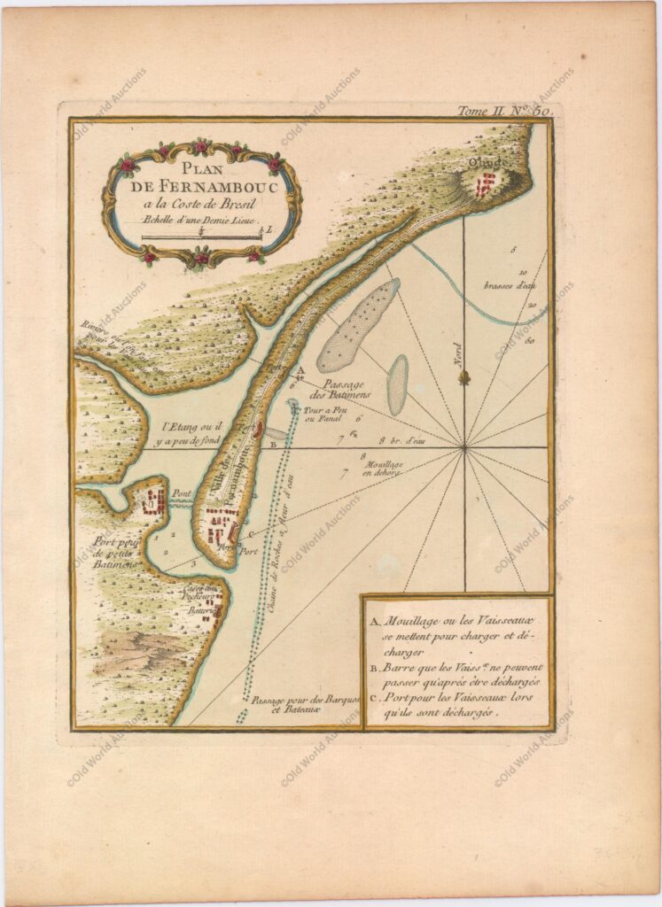 Mapa da Costa de Pernambuco de 1764 Este belo mapa mostra a área ao redor de Recife (Pernambuco), estendendo-se para o norte até incluir Olinda. Existem sondagens de profundidade, ancoragens e rochas mostradas, juntamente com várias notas de navegação. Em terra, são mostrados fortes, baterias e a estrada entre Pernambuco e Olinda. Decorado com cartela de título rococó. "Plan de Fernambouc a la Coste de Bresil", Bellin, Jacques Nicolas