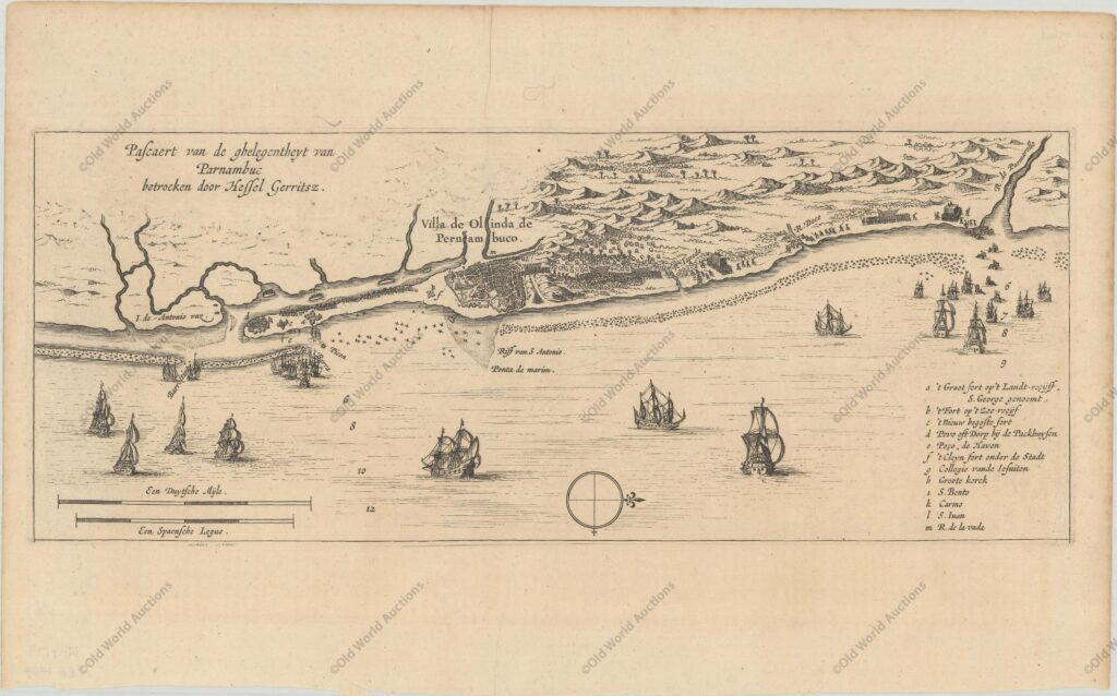 Visão aérea de Olinda de 1633 Esta é uma rara e fascinante visão aérea de Olinda e do litoral pernambucano baseada na obra de Hessel Gerritsz, que é creditado no título. Ilustra o ataque e a captura do assentamento português de Olinda por uma frota holandesa sob o comando de Hendrick Corneliszoon Loncq em 1630. Foi publicado na história da Holanda de Emmanuel van Meteren.