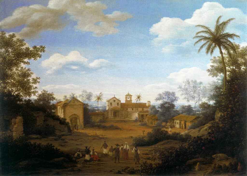 Frans Post - A Igreja dos Santos Cosme e Damião e o Mosteiro Franciscano de Igaraçu, Brasil - 1660. Frans Post - A Igreja dos Santos Cosme e Damião e o Mosteiro Franciscano de Igaraçu, Brasil - 1660.