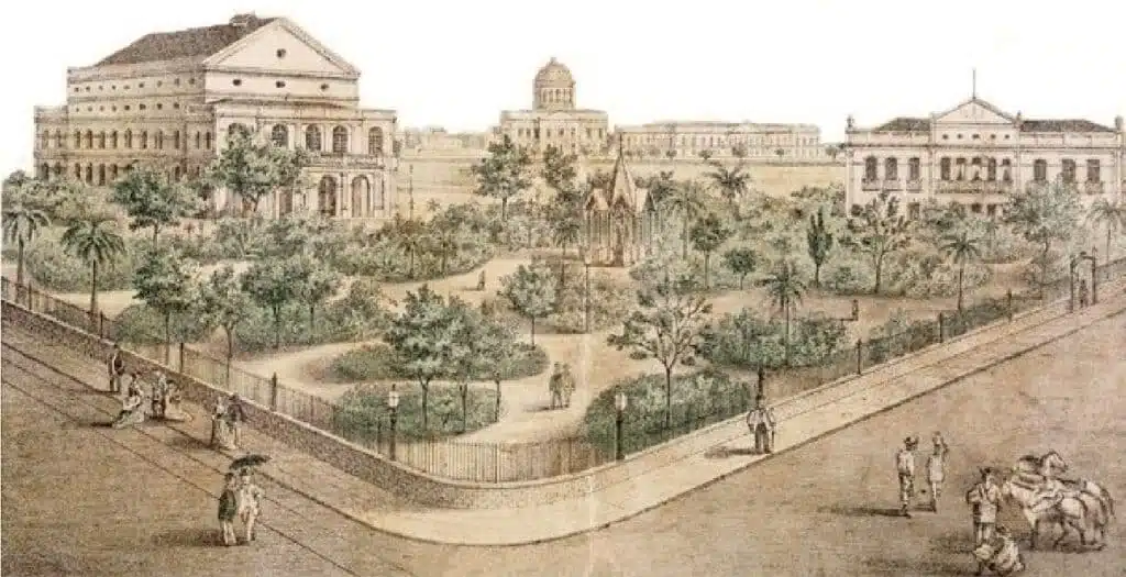Litografia, 1880 - O Palácio do Campo das Princesas à direita e o Teatro Santa Isabel à esquerda. Litografia, 1880 - O Palácio do Campo das Princesas à direita e o Teatro Santa Isabel à esquerda.