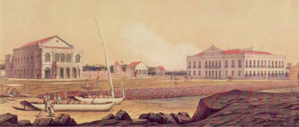 Pintura de E. Bauch, 1850 com o Palácio do Campo das Princesas à direita e o Teatro Santa Isabel à esquerda, Pintura de E. Bauch, 1850 com o Palácio do Campo das Princesas à direita e o Teatro Santa Isabel à esquerda,