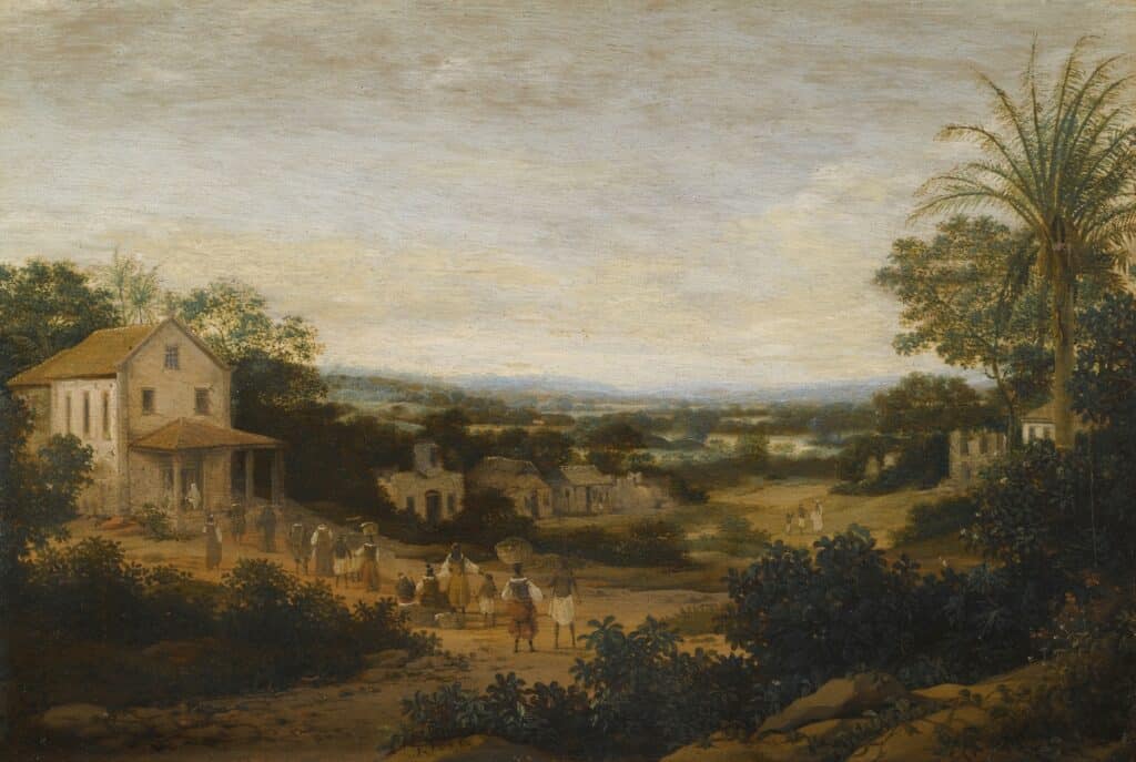 Uma paisagem no Brasil olhando para a várzea, europeus e nativos se aproximando de uma igreja em primeiro plano, Frans Post Uma paisagem no Brasil olhando para a várzea, europeus e nativos se aproximando de uma igreja em primeiro plano, Frans Post