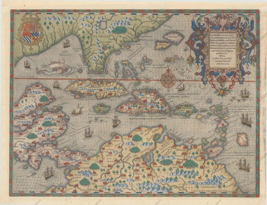 Mapa do Golfo do México e Caribe de 1594 Mapa do Golfo do México e Caribe de 1594 - Grands Voyages, Part IVDe Bry's Superb Map of the Southeastern US, Caribbean & Northern South America "Occidentalis Americae Partis, vel, Earum Regionum quas Christophorus Columbus Primu Detexit Tabula Chorographicae Multorum Auctorum Scriptis...", Bry, Theodore de Esta gravura em cobre faz parte de uma notável série de publicações, ilustrando viagens de descoberta e viagens de exploração em várias partes do mundo. O projeto foi iniciado por Theodore de Bry, de Frankfurt, em 1590, e prosseguiu durante mais 54 anos. Ficaram conhecidas coletivamente como as Grands Voyages (para a América e as Índias Ocidentais) e as Petits Voyages (para o Oriente e as Índias Orientais). De Bry morreu depois de concluídas as primeiras seis partes das Grands Voyages. O projeto foi concluído inicialmente pela sua viúva e dois filhos, Johann Theodore de Bry e Johann Israel de Bry, e depois pelo seu genro, Matthaus Merian, em 1644. Este espetacular mapa ilustra a região percorrida por Girolamo Benzoni entre os anos de 1541 e 1556. Centrado nas ilhas do Caribe desproporcionalmente grandes, o mapa também fornece uma delineação inicial da Flórida derivada da de Le Moyne e é um dos primeiros mapas a detalhar o norte da América do Sul. As ilhas das Bahamas são visivelmente demasiado grandes e colocadas consideravelmente a norte da sua verdadeira localização. Várias legendas no mapa assinalam as quatro viagens de Colombo e fazem uma primeira menção à corrente do Golfo. A extraordinária habilidade de gravura e o estilo artístico de De Bry são muito evidentes com a grande e elaborada cartela, o brasão de armas, a rosa dos ventos, os monstros marinhos, o galeão espanhol e a intrincada borda. Referências: Burden #83; Potter p.164. Mapa do Golfo do México e Caribe de 1594