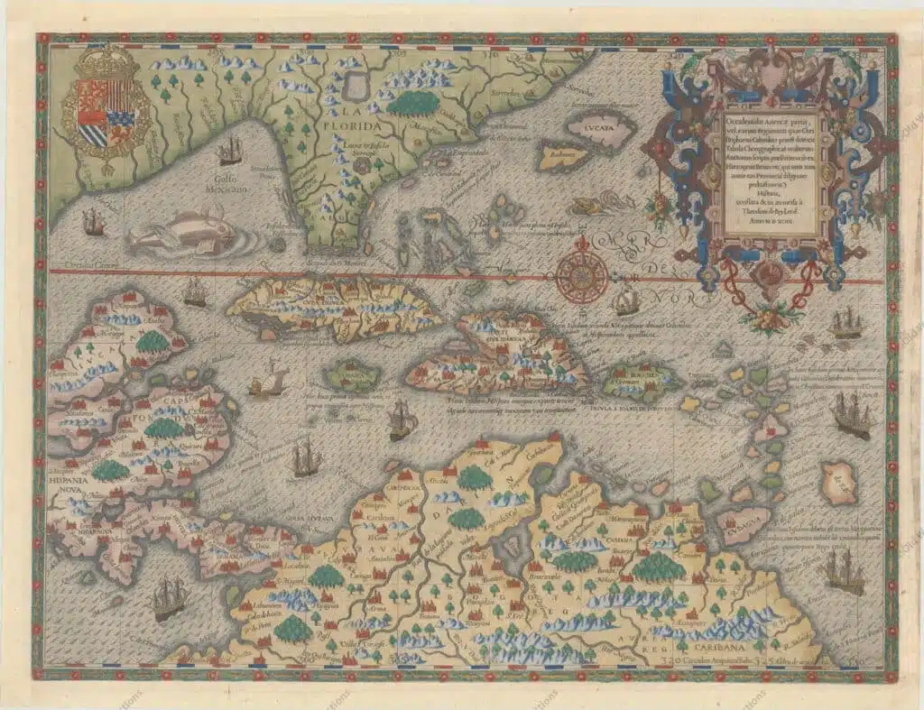 Mapa do Golfo do México e Caribe de 1594 Mapa do Golfo do México e Caribe de 1594 - Grands Voyages, Part IVDe Bry's Superb Map of the Southeastern US, Caribbean & Northern South America "Occidentalis Americae Partis, vel, Earum Regionum quas Christophorus Columbus Primu Detexit Tabula Chorographicae Multorum Auctorum Scriptis...", Bry, Theodore de Esta gravura em cobre faz parte de uma notável série de publicações, ilustrando viagens de descoberta e viagens de exploração em várias partes do mundo. O projeto foi iniciado por Theodore de Bry, de Frankfurt, em 1590, e prosseguiu durante mais 54 anos. Ficaram conhecidas coletivamente como as Grands Voyages (para a América e as Índias Ocidentais) e as Petits Voyages (para o Oriente e as Índias Orientais). De Bry morreu depois de concluídas as primeiras seis partes das Grands Voyages. O projeto foi concluído inicialmente pela sua viúva e dois filhos, Johann Theodore de Bry e Johann Israel de Bry, e depois pelo seu genro, Matthaus Merian, em 1644. Este espetacular mapa ilustra a região percorrida por Girolamo Benzoni entre os anos de 1541 e 1556. Centrado nas ilhas do Caribe desproporcionalmente grandes, o mapa também fornece uma delineação inicial da Flórida derivada da de Le Moyne e é um dos primeiros mapas a detalhar o norte da América do Sul. As ilhas das Bahamas são visivelmente demasiado grandes e colocadas consideravelmente a norte da sua verdadeira localização. Várias legendas no mapa assinalam as quatro viagens de Colombo e fazem uma primeira menção à corrente do Golfo. A extraordinária habilidade de gravura e o estilo artístico de De Bry são muito evidentes com a grande e elaborada cartela, o brasão de armas, a rosa dos ventos, os monstros marinhos, o galeão espanhol e a intrincada borda. Referências: Burden #83; Potter p.164. Mapa do Golfo do México e Caribe de 1594