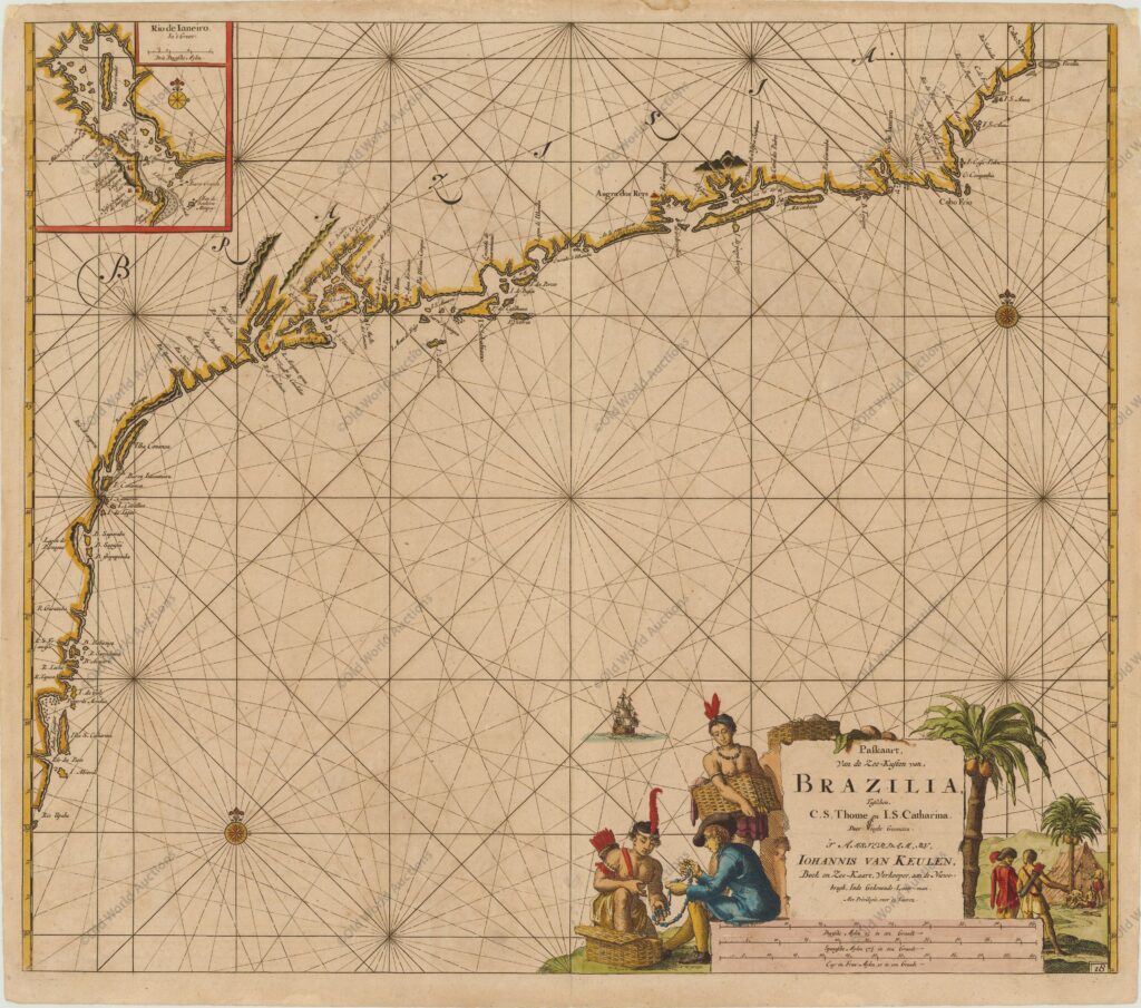 Mapa do Rio de Janeiro de 1682 Mapa do Rio de Janeiro de 1682"Pas-kaart, Van de Zee-Kusten van, Brazilia, Tusschen, C.S. Thome en I.S. Catharina...", Keulen, Johannes van Rara carta marítima da costa brasileira desde a Ilha de Santa Catarina até ao Cabo S. Thomé, juntamente com um inset do Rio Ianeiro (Rio de Janeiro e Baía de Guanabara). A carta decorativa está preenchida com linhas de rumo, duas rosas de compasso e um barco à vela. A cartela com o título é ladeada por nativos trocando mercadorias com um comerciante europeu e uma tenda ao fundo. Mapa do Rio de Janeiro de 1682 - Mapa Histórico