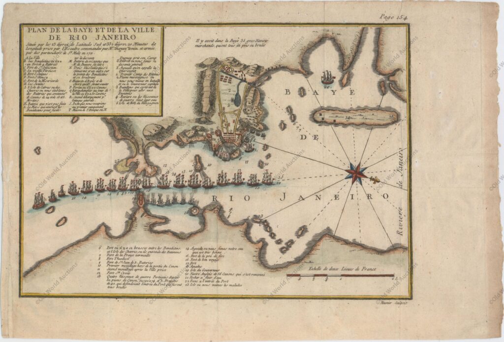 Mapa do Rio de Janeiro de 1750 Mapa do Rio de Janeiro de 1750"Plan de la Baye et de la Ville de Rio janeiro..." Este belo plano panorâmico do Rio de Janeiro e da Baía de Guanabara foi criado para ilustrar o cerco francês de 1711. Uma grande rosa dos ventos orienta o norte para a direita. Legendas numeradas e com letras identificam vários navios e locais importantes, incluindo ilhas, fortes, armazéns e baterias. Gravado por Meunier. Este mapa foi publicado pela primeira vez em Memoires de Monsieur du Guay-Trouin em 1740, com duas edições posteriores do mapa publicadas em 1785. René Duguay-Trouin foi um pirata francês de Saint-Malo que mais tarde se tornou tenente-general da Marinha Real Francesa. Em 1711, durante a Guerra da Sucessão Espanhola, Duguay-Trouin liderou dezassete navios e 6.000 homens na Baía de Guanabara para capturar o Rio de Janeiro. Os franceses conseguiram derrotar os portugueses e tomaram a cidade. Depois de ocuparem a cidade durante dois meses, os franceses receberam a notícia de que estavam a ser enviados reforços portugueses sob o comando de António de Albuquerque. Duguay-Trouin decidiu regressar a França, assegurando primeiro um saque de cerca de 4 milhões de libras do ouro da cidade. Todas as edições deste mapa são muito raras. Mapa do Rio de Janeiro de 1750 - Mapa Histórico