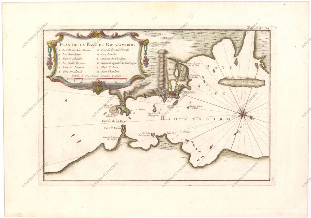 Mapa do Rio de Janeiro de 1764 Mapa do Rio de Janeiro de 1764"Plan de la Baye de Rio-janeiro", Bellin, Jacques Nicolas Este belo mapa retrata a Baía de Guanabara com um plano de vista aérea do Rio de Janeiro. A cartela decorativa do título contém uma legenda com letras que identifica 12 locais em toda a baía, incluindo 6 fortes. A Baía de Guanabara foi descoberta pela primeira vez em 1 de janeiro de 1502 pelos exploradores portugueses Gaspar de Lemos e Gonçalo Coelho, que originalmente a chamaram de Rio de Janeiro. A cidade do Rio de Janeiro foi fundada pelos portugueses em 1565 e tornou-se um importante porto para o transporte das riquezas do Novo Mundo para a Europa. Mapa do Rio de Janeiro de 1764 - Mapa Histórico