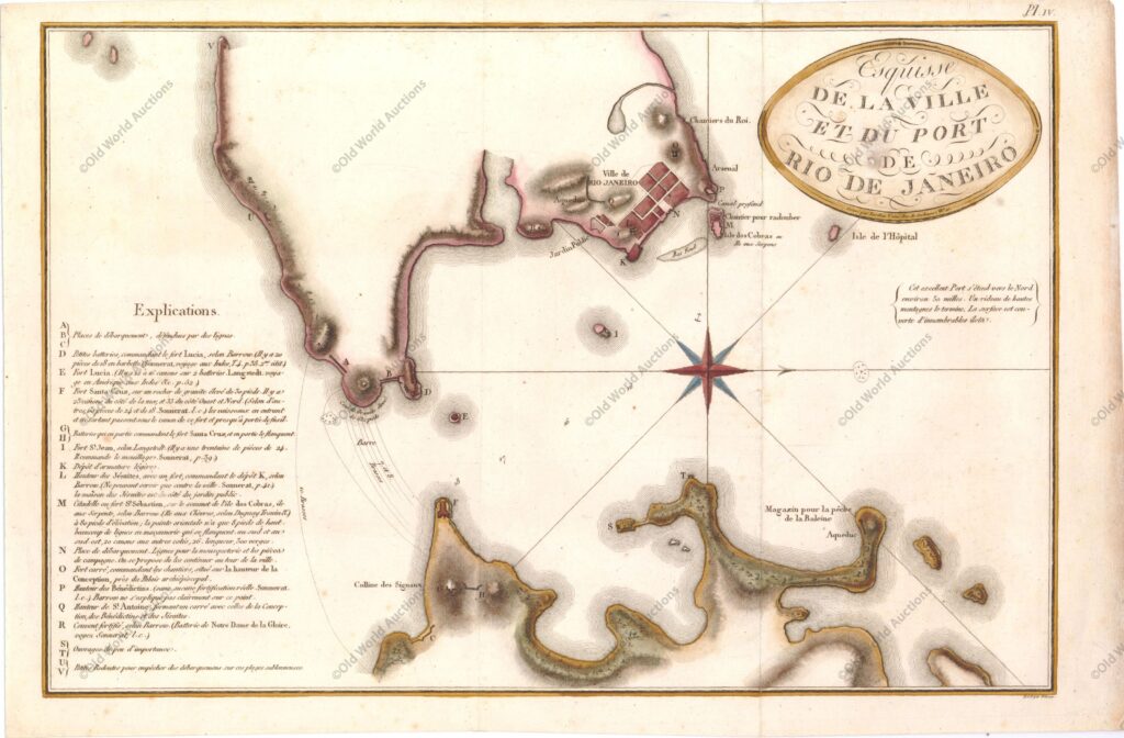 Mapa do Rio de Janeiro de 1810 Mapa do Rio de Janeiro de 1810"Esquisse de la Ville et du Port de Rio De janeiro", Tardieu, Pierre Francois Este raro plano de vista aérea do Rio de Janeiro mostra fortes, baterias e áreas de desembarque para navios. Sondagens, ancoradouros, bancos de areia e perigos de navegação estão representados. Uma nota no canto inferior direito indica um local para a pesca da baleia. Mapa do Rio de Janeiro de 1810 - Mapa Histórico