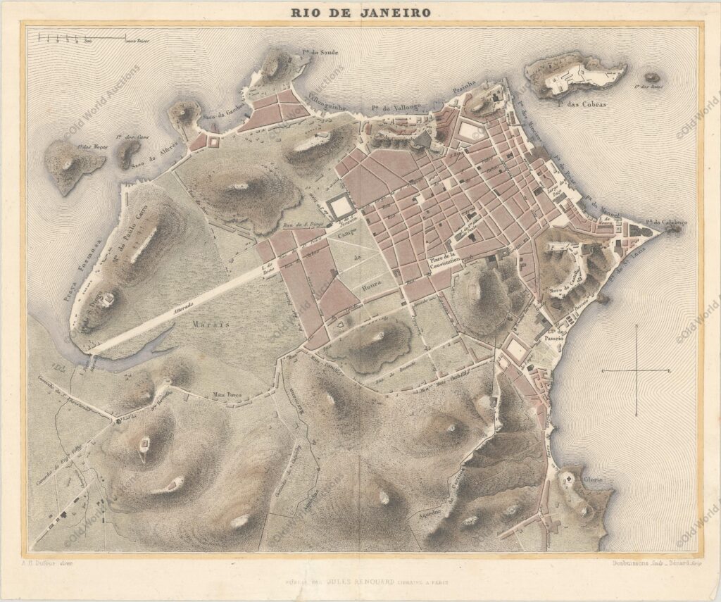 Mapa do Rio de Janeiro de 1840 Mapa do Rio de Janeiro de 1840 - Abrege de Geographie..."Rio de Janeiro", Renouard, Jules Esta folha apresenta um plano quadriculado detalhado do Rio de Janeiro. A topografia da região circundante está bem representada. Desenhado por A.H. Dufour e gravado por Desbuissons, com letras de Benard. Mapa do Rio de Janeiro de 1840 - Mapa Histórico