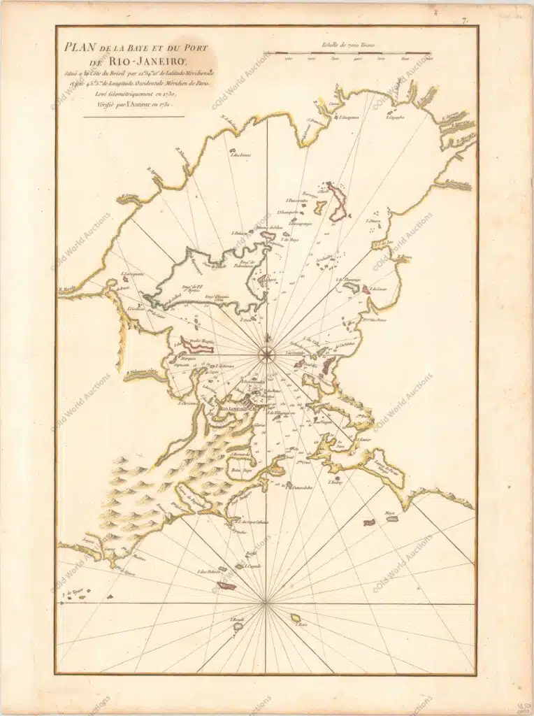 Mapa do Rio de Janeiro de 1775 Mapa do Rio de Janeiro de 1775 - Le Neptune Oriental"Plan de la Baye et du Port de Rio-janeiro...", Apres de Mannevillette, Jean B. N. D. Esta importante e antiga carta do porto mostra o Rio janeiro em forma de plano de bloco. Todas as ilhas e características costeiras com muitas sondagens e ancoradouros estão representadas. Do outro lado do Rio, na foz da Baía de Guanabara, há uma lagoa chamada Lagoa de Pirate Ningo. Uma bela rosa dos ventos com flor-de-lis e linhas de rumo embelezam esta carta gravada em cobre. Marinheiro e hidrógrafo francês, D' Après de Mannevillette (1707-1780) utilizou novos instrumentos para corrigir as latitudes medidas por exploradores anteriores. O seu atlas Le Neptune Oriental, publicado pela primeira vez em 1745, foi considerado um grande feito e um recurso indispensável para os navegadores. Referências: Shirley (BL Atlases) M.APR-1c. Mapa do Rio de Janeiro de 1775 - Mapa histórico