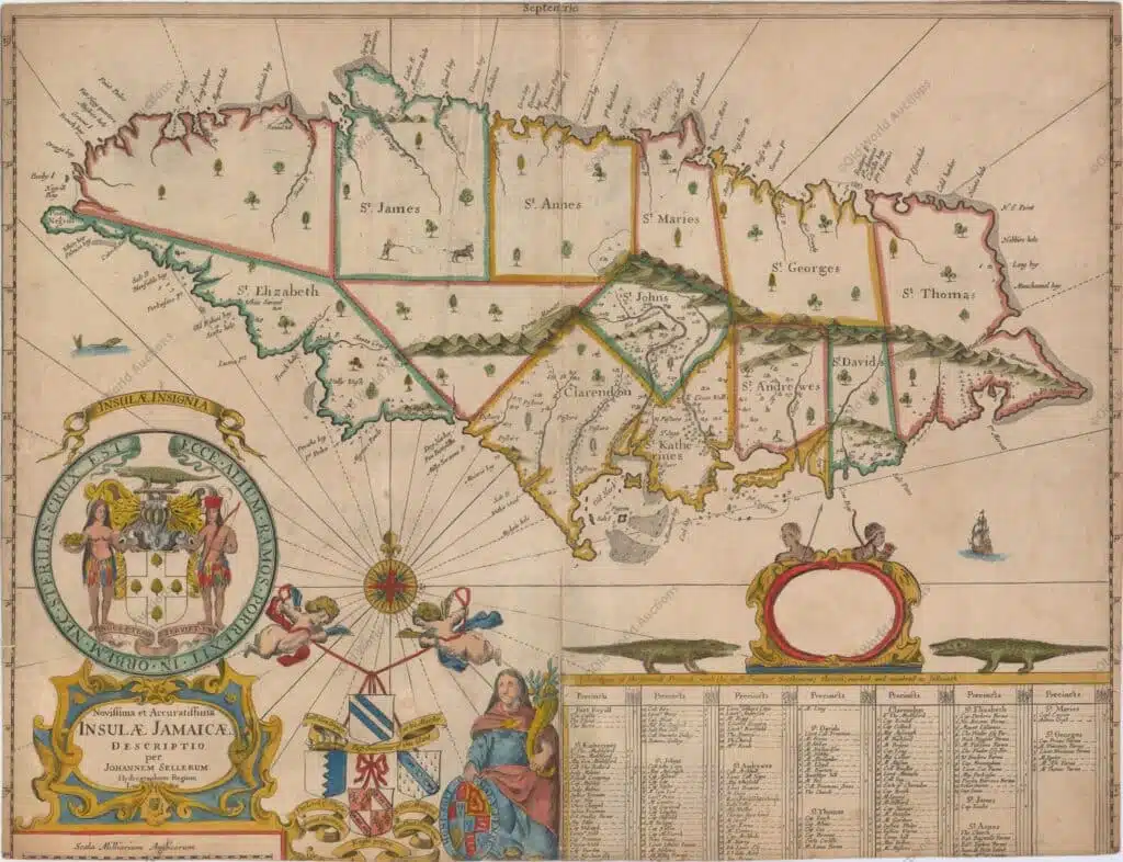 Mapa da Jamaica de 1671 Mapa da Jamaica de 1671 - Atlas Maritimus"Novissima et Accuratissima Insulae Jamaicae Descriptio", Seller, John Este é o primeiro estado de um mapa inglês muito raro que mostra a ilha dividida em distritos. Em 1670, Sir Thomas Modyford encomendou um levantamento da ilha, que foi concluído por John Man, o inspetor-geral da Jamaica de 1661 a 1671. No ano seguinte, John Seller, John Ogilby e Richard Blome utilizaram o levantamento para publicar mapas da Jamaica. O mapa de Seller, que se assemelha muito à versão de Ogilby, apresenta as povoações mais proeminentes com os proprietários de terras nomeados na legenda grande na parte inferior. Port Royal está corretamente localizado e existem numerosas povoações na parte sul da ilha. Ao longo da linha costeira são identificados ancoradouros, rochedos, baixios e sondagens de profundidade. O mapa está magnificamente ornamentado com uma cartela de título em cinta com o brasão de armas da Jamaica e putti segurando no alto os brasões dos governadores da ilha: Doyley, Winsor, Modiford e Lynch. A grande cartela de dedicatória é deixada em branco, encimada por índios e ladeada por crocodilos. Os elementos decorativos adicionais incluem um homem a disparar contra um touro, uma rosa dos ventos, um monstro marinho e um barco à vela. John Seller foi um editor britânico pioneiro de cartas náuticas e uma das figuras mais importantes do início da história da cartografia britânica. A loja de Seller, situada perto da Torre de Londres, em Wapping, tornou-se um ponto de encontro para os marinheiros que chegavam com as últimas notícias de lugares distantes e forneceu a Seller informações essenciais para o seu negócio de cartas náuticas. Para além das cartas náuticas, produziu uma vasta gama de material cartográfico, o primeiro a rivalizar com as grandes empresas holandesas, como Blaeu e Jansson. Seller foi nomeado Hidrógrafo Real por Carlos II em 1671, tendo também prestado serviço sob a direção de Jaime II e Guilherme III. Infelizmente, o seu negócio foi construído sobre uma base instável e, embora tenha feito várias tentativas para evitar a falência, incluindo uma parceria de consórcio com outros cartógrafos, como William Fisher e John Thornton, acabou por não ter êxito.