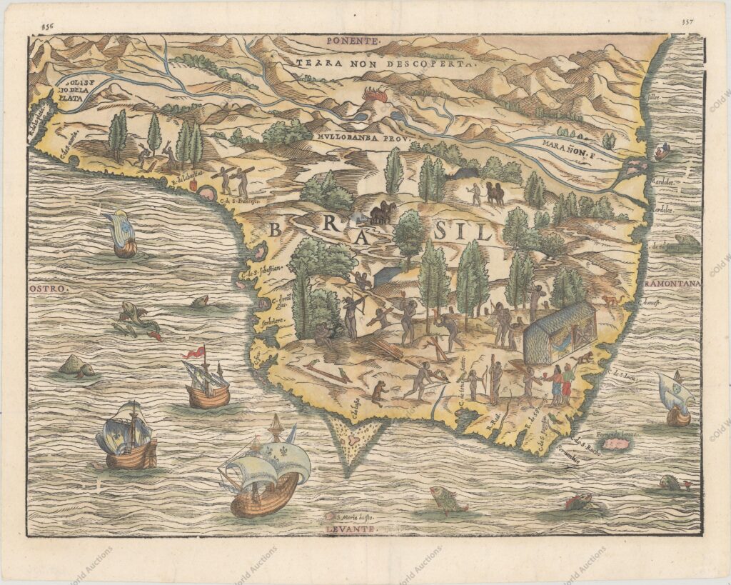Mapa do Brasil de 1606 Este fascinante mapa pictórico é um dos primeiros mapas regionais do Brasil que se pode obter. Ilustrado com o norte à direita, o mapa está repleto de vinhetas que representam a vida nativa, em vez de se concentrar em informações geográficas. Os índios nativos são mostrados com arcos e flechas, machados, lhamas e redes, pelos quais os brasileiros são bem conhecidos. O oceano ao redor está repleto de navios franceses e portugueses e monstros marinhos. Ao longo da costa, os europeus são retratados interagindo com os nativos. As poucas informações geográficas apresentadas são bastante imprecisas. O rio Amazonas (aqui chamado Maranon F.) e o rio Paraná têm origem em lagos situados ao lado de um vulcão em erupção. Montanhas e rios espúrios preenchem a porção ocidental do Brasil, denominada Terra non Discoperta (terra não descoberta).