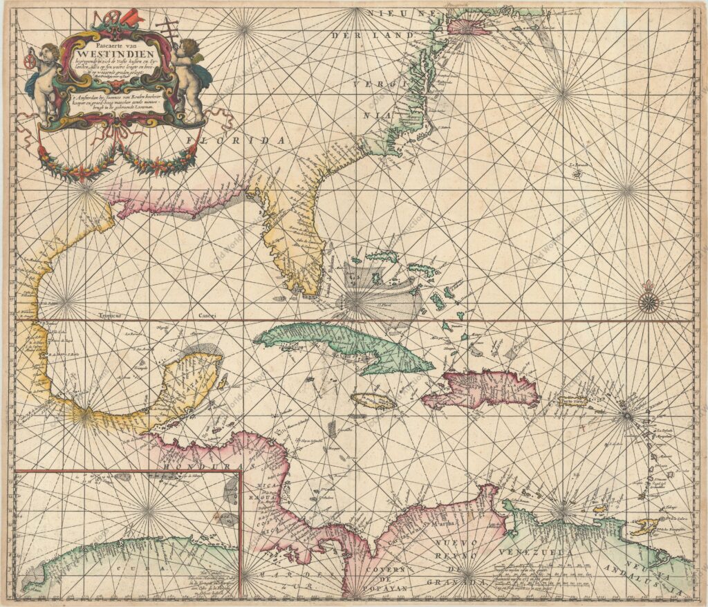 mapa do Golfo do México e das Caraíbas de 1681 Mapa do Golfo do México e das Caraíbas de 1681"Pascaerte van Westindien Begrypende in zich de Vaste Kusten en Eylanden, Alles op syn Waere Lengte en Breete op Wassende Graden Gelegt", Keulen, Johannes van A carta marítima elegantemente gravada de Van Keulen do Golfo do México e das Caraíbas foi baseada no mapa de Hessel Gerritsz da região, publicado por volta de 1631, que influenciou numerosos derivados. A inserção de Gerritsz da costa norte de Cuba foi mantida, mas van Keulen faz melhorias consideráveis na linha costeira da região do Atlântico Médio. Embora estas actualizações tenham sido provavelmente derivadas de fontes inglesas, van Keulen mantém a nomenclatura Nieu Nederland, apesar do facto de os holandeses terem perdido duas vezes a região para os ingleses. Esta carta é uma das primeiras a incorporar estas actualizações no Atlântico Médio com base na cartografia inglesa. O mapa é adornado com uma bela cartela de título com putti, instrumentos de navegação e uma grinalda drapeada. Este é o segundo estado com o privilégio acrescentado à cartela de título.