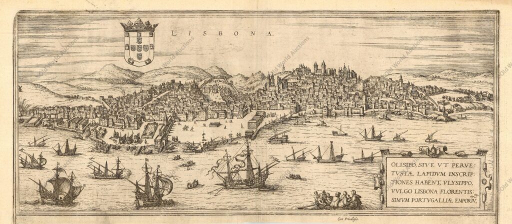 Vista panorâmica de Lisboa de 1572 - Portugal Vista panorâmica de Lisboa com as cidadelas romana e moura nas colinas ao fundo. Durante o século XVI, Lisboa alcançou grande riqueza com o estabelecimento do império marítimo português para a África, a Índia e o Extremo Oriente.
