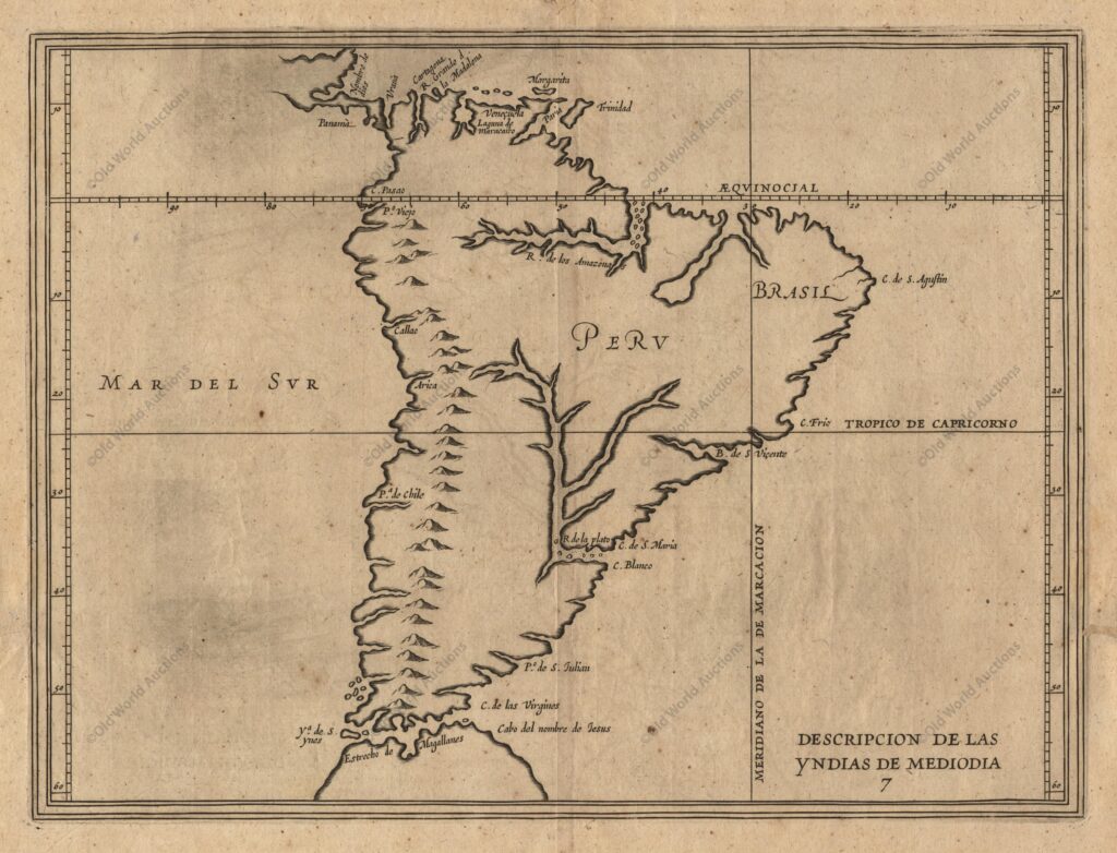 Tratado de Tordesilhas Antonio de Herrera Y Tordelislas foi o historiador oficial de Espanha e das Índias. Ele compilou uma história das conquistas espanholas e das primeiras explorações nas Américas, que incluía este mapa do continente gravado de forma simples. O mapa é em grande parte derivado das cartas manuscritas de Juan Lopez de Velasco. O continente é dominado pelas enormes "R. de los Amazona" e R. de la Plato" e pela cordilheira ocidental. É apresentado o "Meridiano de la de Marcacion", que dividia o mundo não cristão entre Espanha e Portugal.