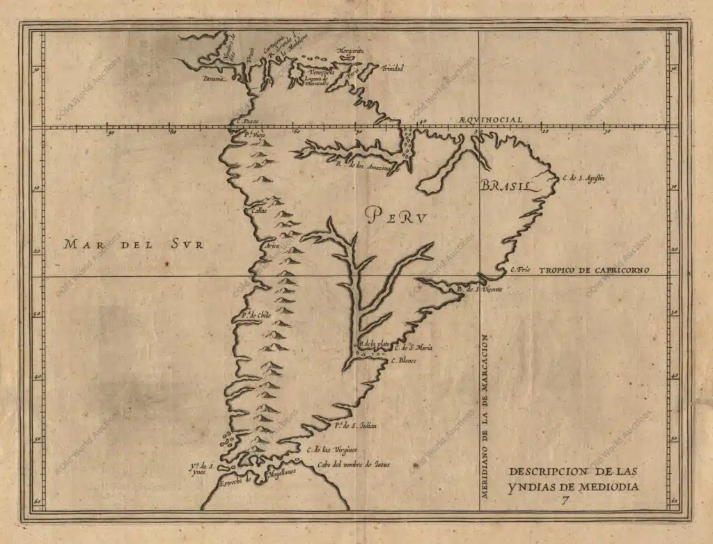 Tratado de Tordesilhas Antonio de Herrera Y Tordelislas foi o historiador oficial de Espanha e das Índias. Ele compilou uma história das conquistas espanholas e das primeiras explorações nas Américas, que incluía este mapa do continente gravado de forma simples. O mapa é em grande parte derivado das cartas manuscritas de Juan Lopez de Velasco. O continente é dominado pelas enormes "R. de los Amazona" e R. de la Plato" e pela cordilheira ocidental. É apresentado o "Meridiano de la de Marcacion", que dividia o mundo não cristão entre Espanha e Portugal.