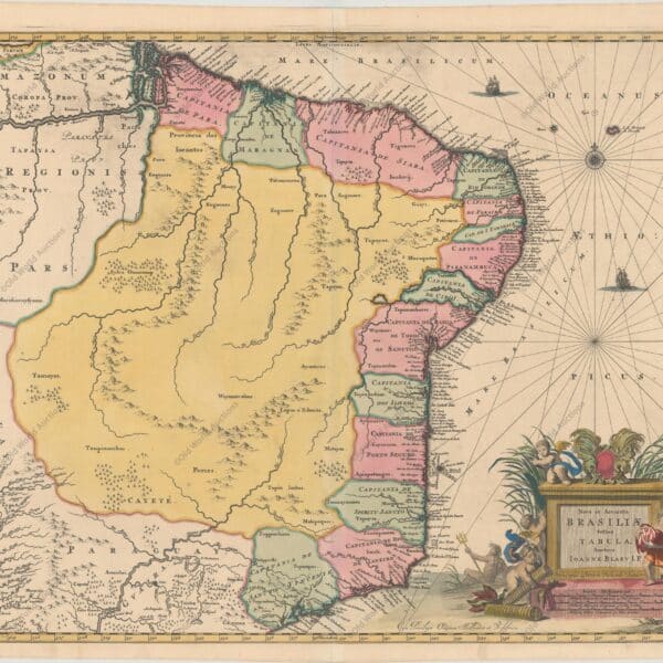 Mapa do Brasil de 1730
"Nova et Accurata Brasiliae Totius Tabula, Auctore Ioanne Blaeu I.F.", Blaeu/Schenk
Este mapa escasso é o terceiro mapa do Brasil de Johannes Blaeu. Ele inclui as capitanias ao longo da costa e é uma melhoria significativa em relação aos mapas anteriores de Blaeu do Brasil. A bela cartela é cercada por querubins e um deus do rio. Esse mapa, desenhado por Joannes de Broen e gravado por Abraham Wolfgang, foi concluído pouco antes do grande incêndio que destruiu a gráfica e, portanto, foi incluído em apenas uma edição dos atlas de Blaeu. Em 1694, Pieter Schenk adquiriu várias placas de cobre de Blaeu, incluindo esta.