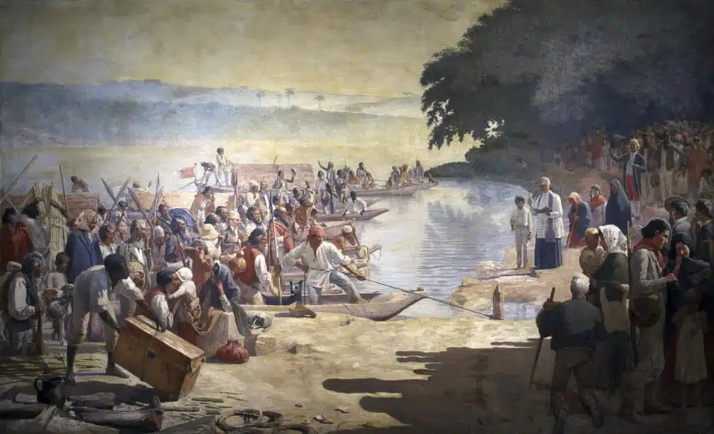 Partida da Monção, de Almeida Júnior (1897) Partida da Monção, de Almeida Júnior (1897). Retratando Porto Feliz, no interior de São Paulo, durante a partida de bandeirantes em viagens fluviais pelo Rio Tietê, destaque para o naturalismo e realismo nas figuras dos sertanistas.