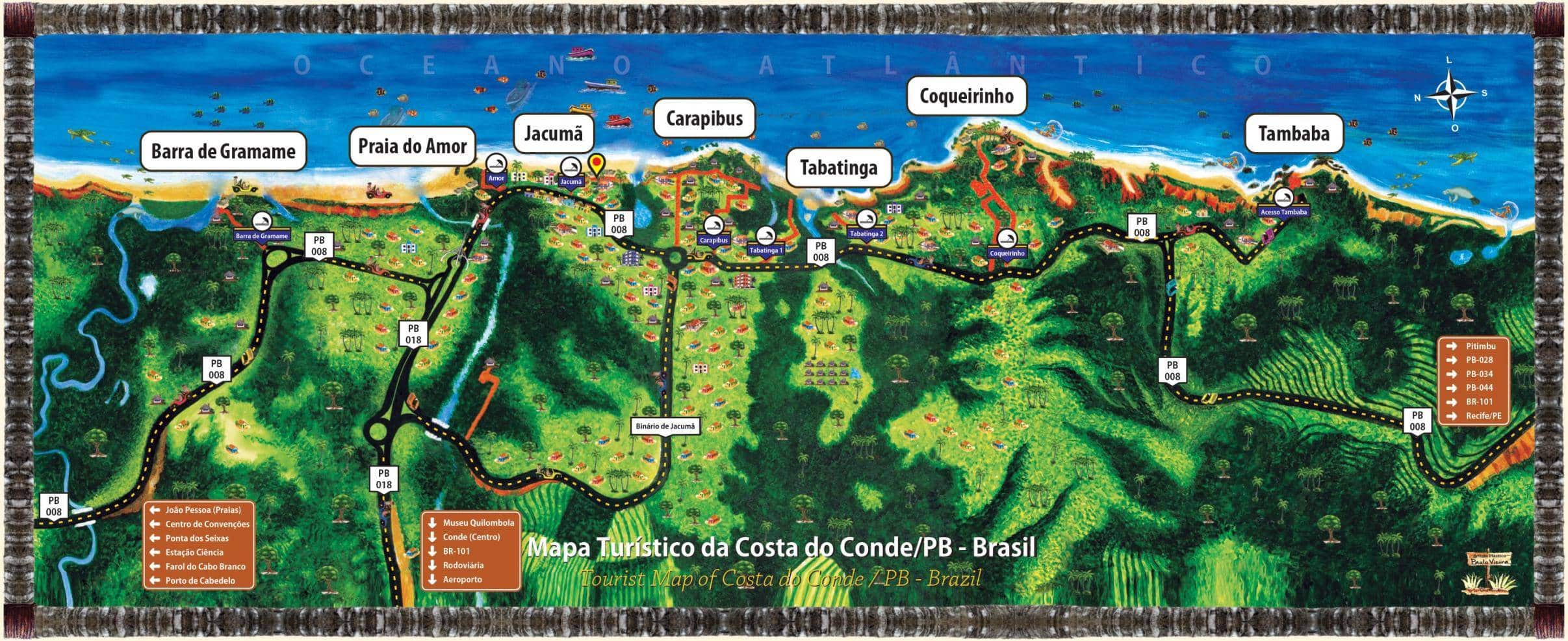 Mapa das praias da Costa do Conde no Litoral Sul da Paraíba