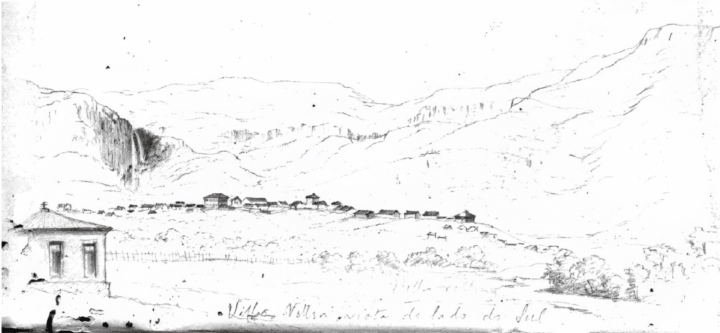 Vila Velha Vista do Lado do Sul, Cachoeira do Brumado desenho elaborado por Theodoro Sampaio, 1879 na Expedição da Bahia. Vila Velha Vista do Lado do Sul, Cachoeira do Brumado desenho elaborado por Theodoro Sampaio, 1879 na Expedição da Bahia.