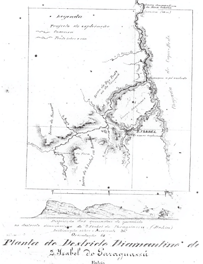 Planta do Distrito Diamantino de S. Isabel do Paraguassú. Elaborado por Theodoro Sampaio, em sua expedição pela Bahia, em 1879. Minas da Siberia. Planta do Distrito Diamantino de S. Isabel do Paraguassú. Elaborado por Theodoro Sampaio, em sua expedição pela Bahia, em 1879. Minas da Siberia.